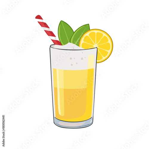 Fresh lemonade cocktail in a glass with a straw, lemon slice, and mint leaves