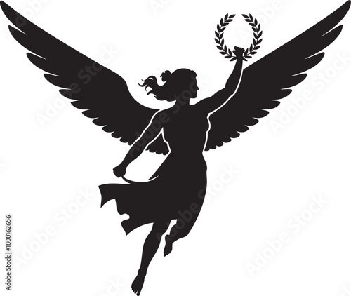 A black silhouette of a winged figure, likely a goddess or angel, soaring with a laurel wreath held aloft.