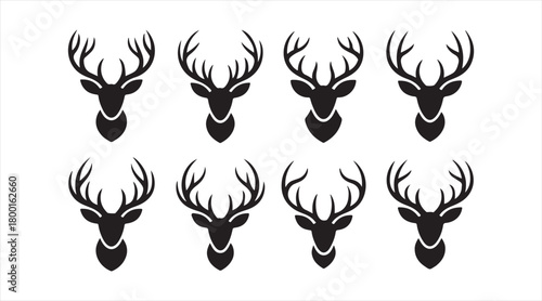 Set of stag and buck head icons featuring bold antlers in clean black silhouettes