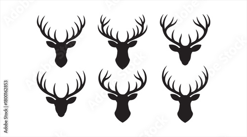 Black deer head silhouettes with intricate antler designs for wildlife and rustic themes