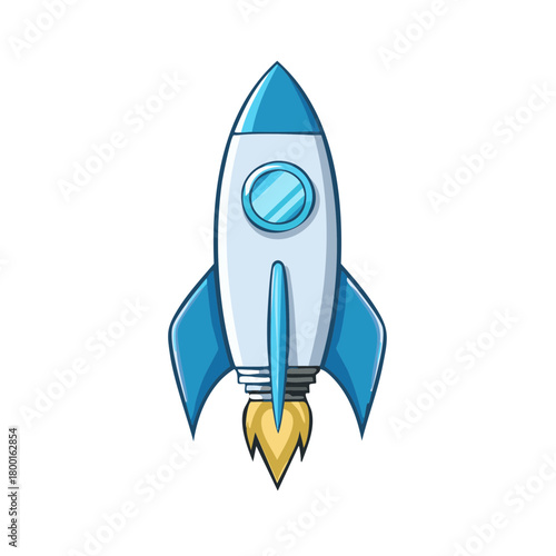 Cartoon rocket ship launching with blue fins and fiery exhaust
