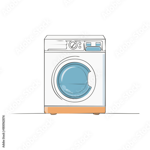 Stylized illustration of a front load washing machine with blue drum and orange base