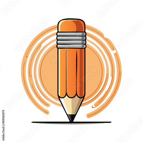 Cartoon orange pencil with eraser and sharp tip, drawing concept