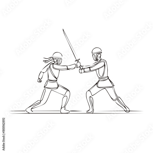 Minimalist line art illustration of two futuristic armored figures clashing swords in combat