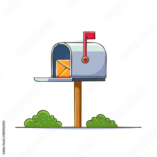 Classic roadside mailbox with red flag and orange envelope inside, illustration