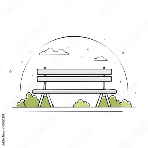 Simple Line Art Park Bench Surrounded by Bushes Under a Cloud Filled Sky