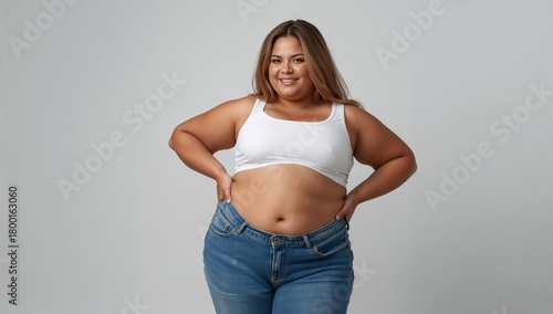 Confident Young Woman Poses in Casual Outfit Showcasing Her Style and Body Po...