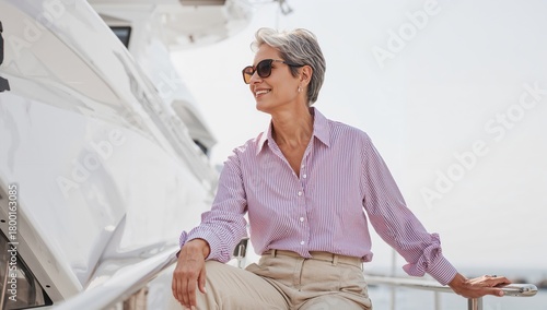 Smiling Woman in Sunglasses Enjoying a Sunny Day on a Yacht by the Waterfront