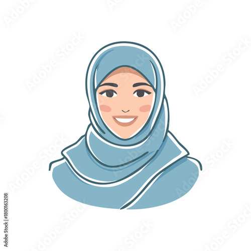 Smiling woman in a blue hijab, stylized illustration of a cheerful Muslim woman, cartoon portrait with a headscarf, cultural garment