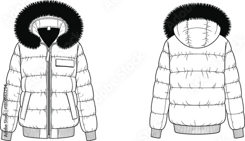 Flat vector illustration of winter padded jacket technical fashion sketch, hooded puffer coat front and back view, apparel design template outerwear
