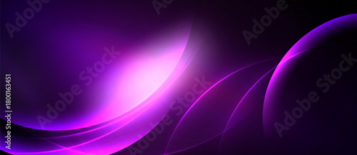 Abstract purple waves, bright center glow. Smooth gradients create dynamic visual effect. Dark background emphasizes luminosity.