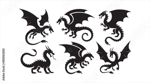 Collection of mythical dragon silhouettes in dynamic flying and standing poses