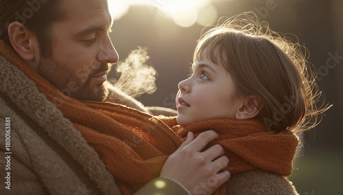 Father and Daughter Share a Warm Moment Outdoors During Sunset in Cozy Winter...