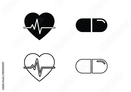 Medical icons heartbeat pulse and capsule pill symbols - Vector icon symbol for website - Icon vector - Blue icon vector - Line and glyph solid icon set