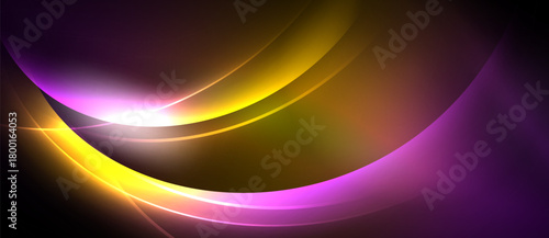 Abstract background features vibrant curves, gradients. Purple, yellow hues dominate, creating dynamic visual effect. Light source emanates from center.