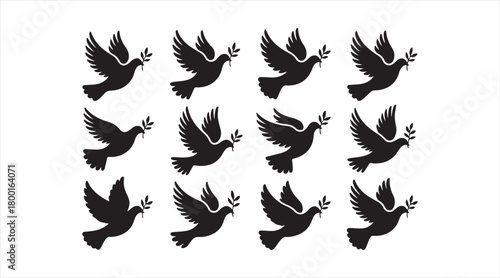 Black dove silhouettes holding olive branches symbolizing peace and harmony