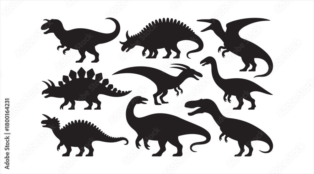 Obraz premium Variety of dinosaur shapes in bold black silhouettes for graphic use