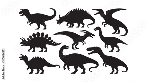 Variety of dinosaur shapes in bold black silhouettes for graphic use