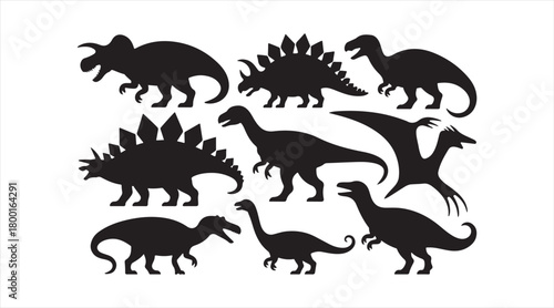 Black dinosaur silhouette set featuring multiple prehistoric species isolated on white