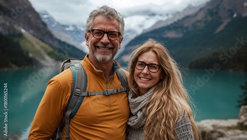 Scenic Hiking Adventure With Smiling Couple in Mountains by a Lake on a Sunny...