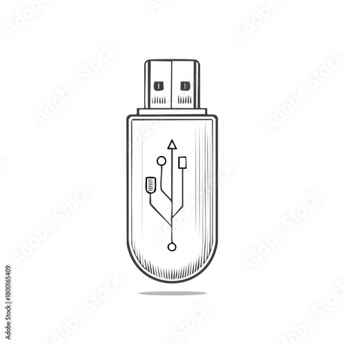 Black and white vintage style illustration of a USB flash drive with data transfer symbol