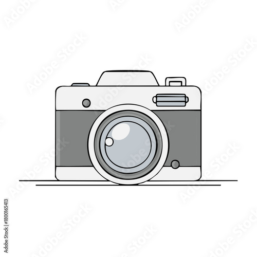 Minimalist line art vector illustration of a gray and white photographic camera icon