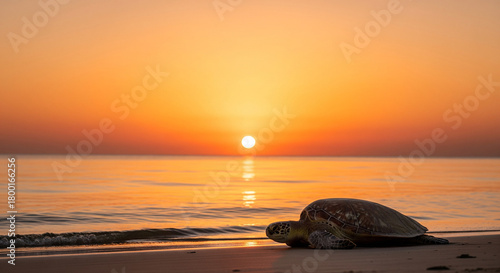 turtles on the beach at sunset