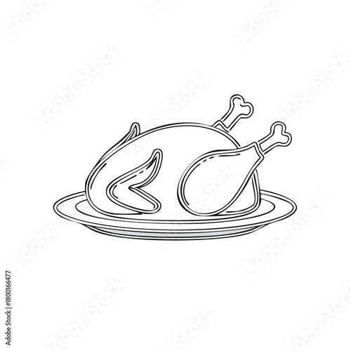 Line art illustration of a roasted chicken on a platter with visible legs and wings