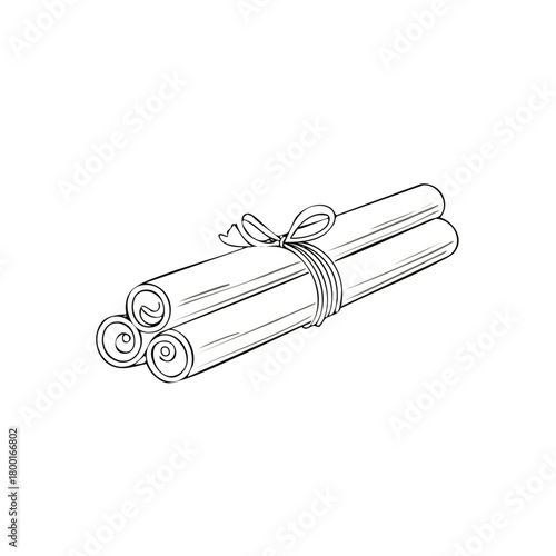 Simple outline drawing of three cinnamon sticks tied with a string and bow