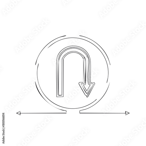 U turn arrow symbol in a circle with horizontal directional lines continuous line art