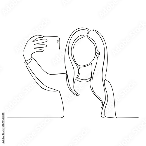 Young woman taking a selfie with a mobile phone simple modern one line drawing illustration