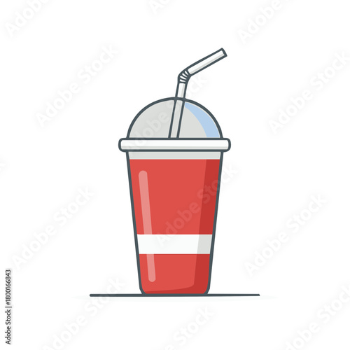 Vibrant red soda cup with clear domed lid and straw refreshing beverage icon illustration