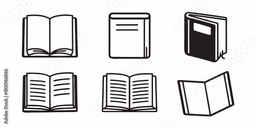 Illustration of six books in different positions and styles with black outlines on a white background on transparent background