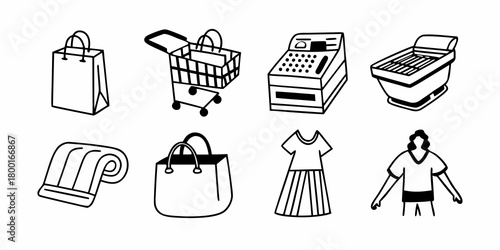 Illustration of shopping related items including a bag cart cash register and various clothing items drawn in line art on transparent background