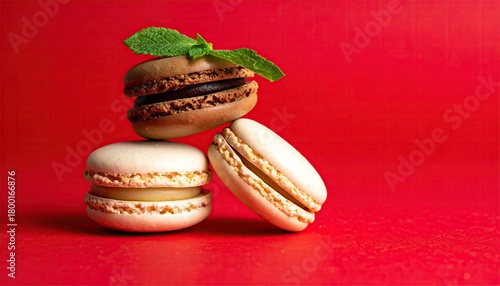 Colorful macaroons isolated on red background