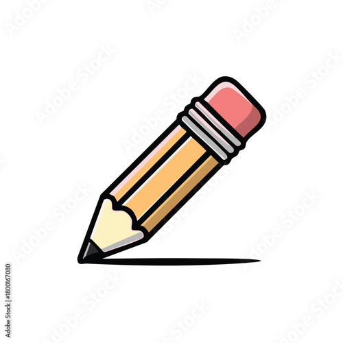 Cartoon illustration of a yellow pencil with eraser and black shadow