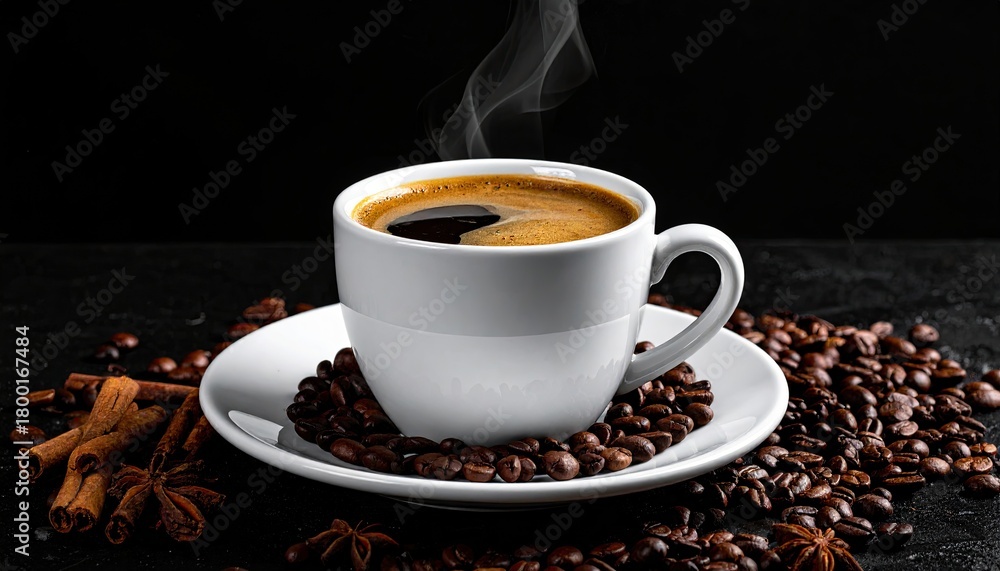 Fototapeta premium Cup of coffee with beans on a black background
