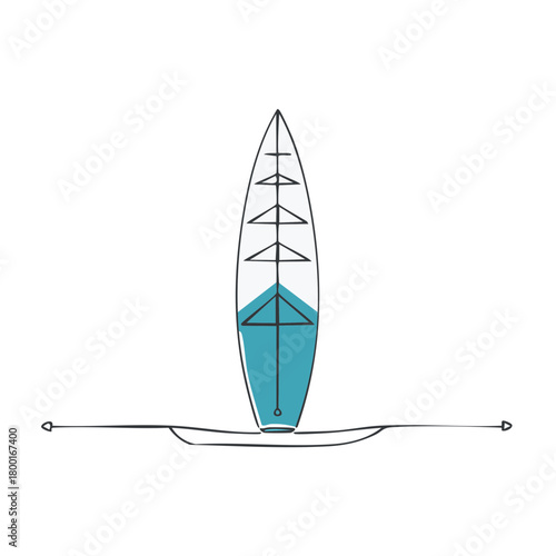 Minimalist illustration of a stand up paddleboard with blue water and graphic design elements