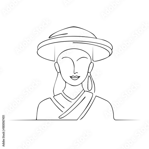 Minimalist portrait of a woman in a conical hat with earrings