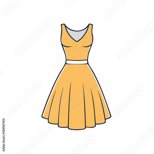 Illustration of a yellow dress with black outline, waist belt, and pleated skirt.