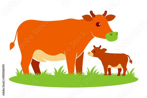 Cow and calf on field