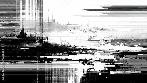 Monochrome abstract landscape with city skyline featuring pixelated glitch effect