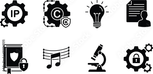Intellectual property protection icons set, copyright, patent, innovation, and research security concept, creative idea and invention rights vector illustration design