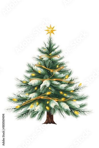 Classic Christmas Tree with Golden Lights and Star Isolated on White Background