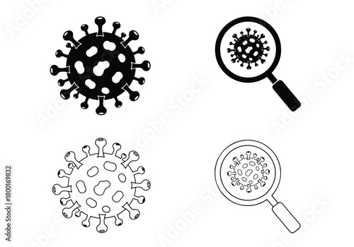 Virus icons magnifying glass scientific research medical symbol set - Vector icon symbol for website - Icon vector - Blue icon vector - Line and glyph solid icon set