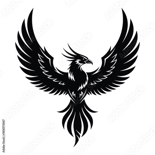 Black and white stylized phoenix illustration with wings spread widely