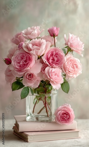 Beautiful Arrangement of Pink Roses in a Clear Glass Vase on a Stack of Books