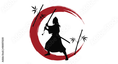 Samurai warrior silhouette within a vibrant red circular brushstroke design
