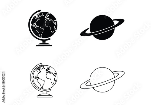 Planet earth globe and saturn icons set - Vector icon symbol for website - Icon vector - Blue icon vector - Line and glyph solid icon set