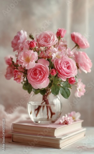 Beautiful Pink Roses in a Vase on Stacked Books in a Softly Lit Setting
